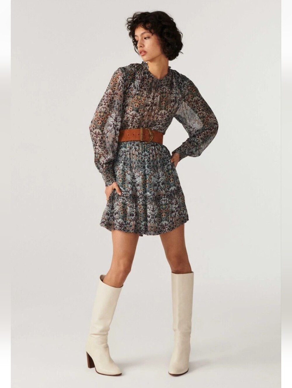 BA&SH Presley Amande Floral Long Sleeve Dress Size M Boho Cottagecore Ruffle